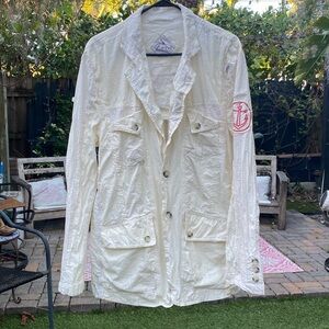 Zeus men’s retro vintage style military cream striped graphic jacket w/ anchor